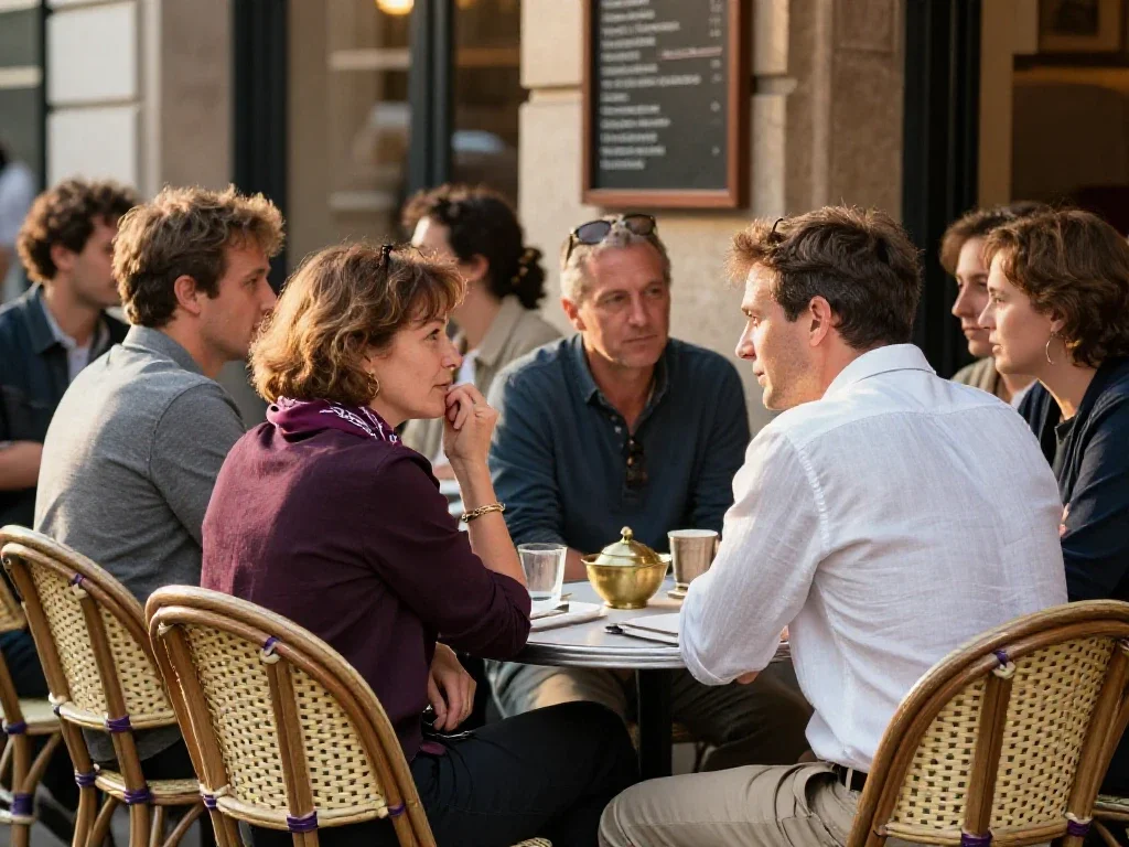 Discussion authentique en terrasse de café, illustrant la compréhension simple du quotidien citadin.